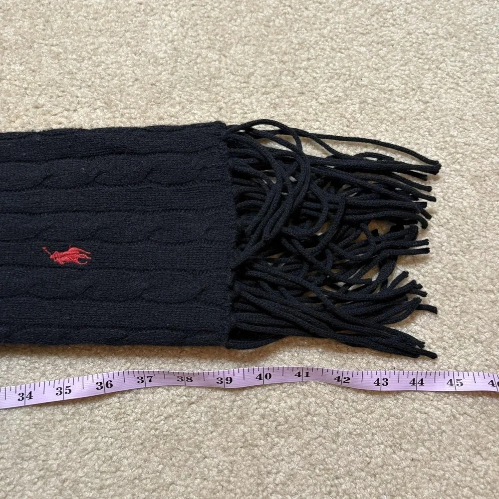 Polo Ralph Lauren Scarf One Size Black Merino Wool Cashmere Cable Knit Fringe